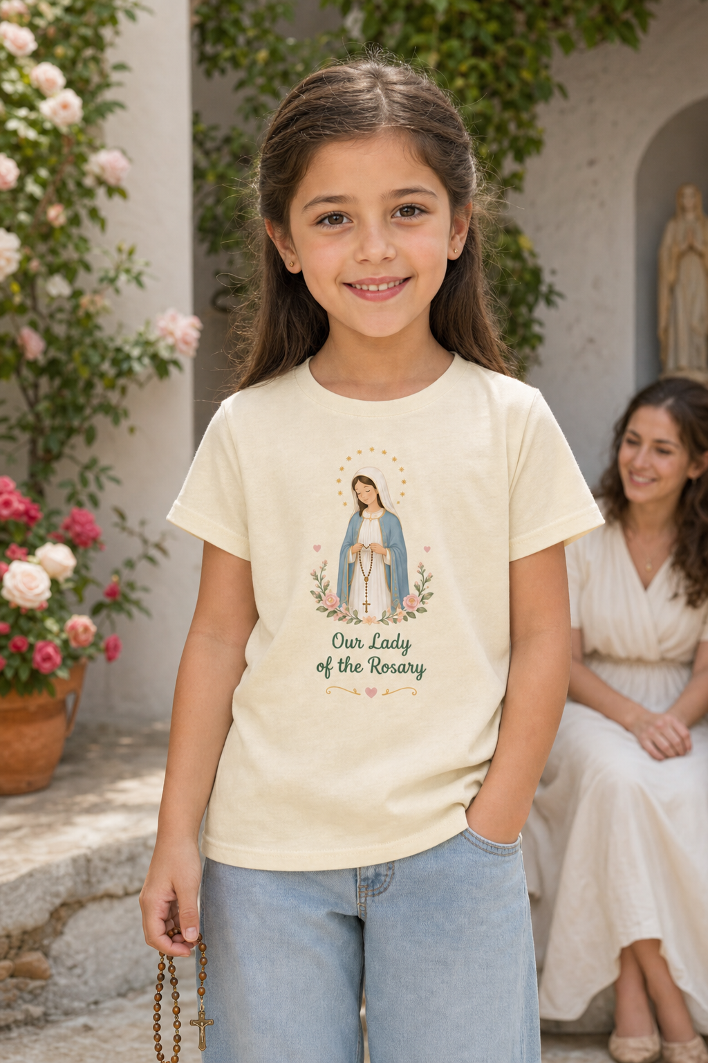 Girl wearing the Our Lady of the Rosary Girls T-shirt in a lifestyle setting