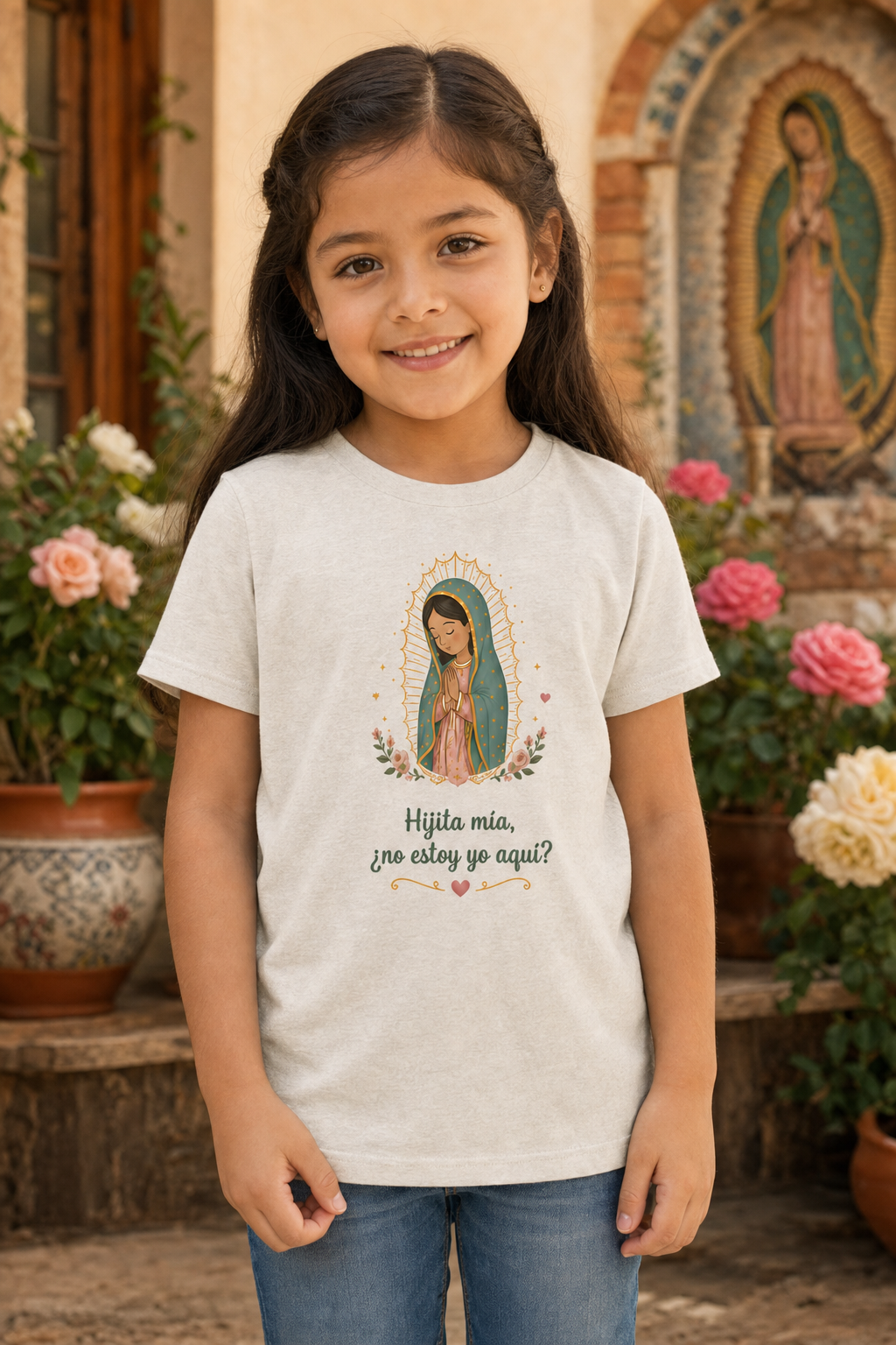 Girl wearing the Hijita Mía Guadalupe Girls T-shirt in a lifestyle setting