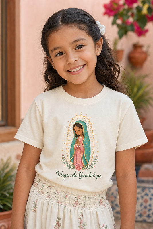 Girl wearing the Virgen de Guadalupe Girls T-shirt in a lifestyle setting — detail