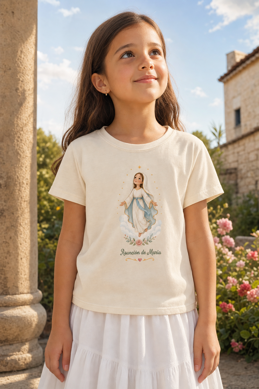 Girl wearing the Asunción de María Girls T-shirt in a lifestyle setting — detail