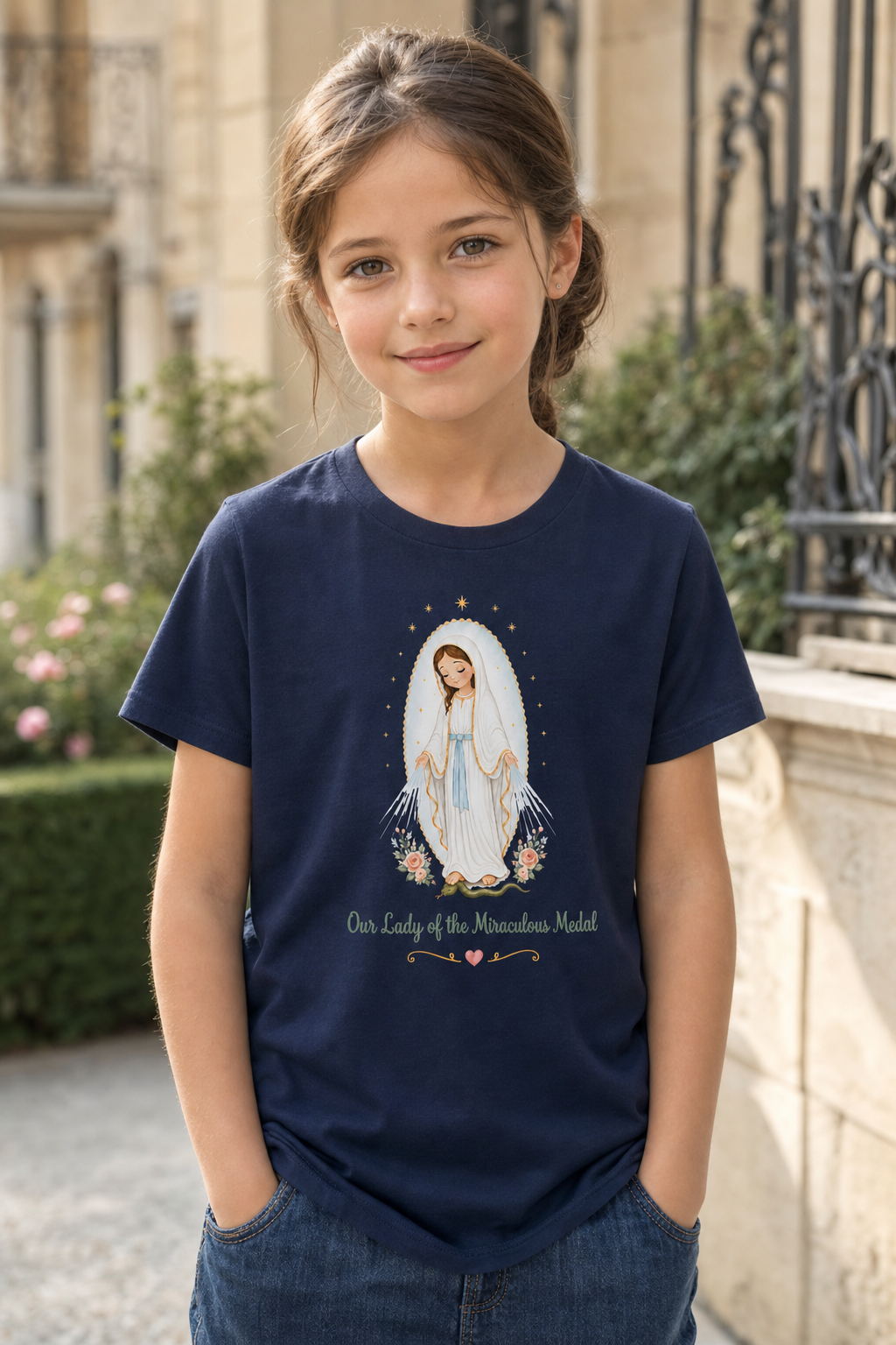 Girl wearing the Our Lady of the Miraculous Medal Girls T-shirt in a lifestyle setting — detail