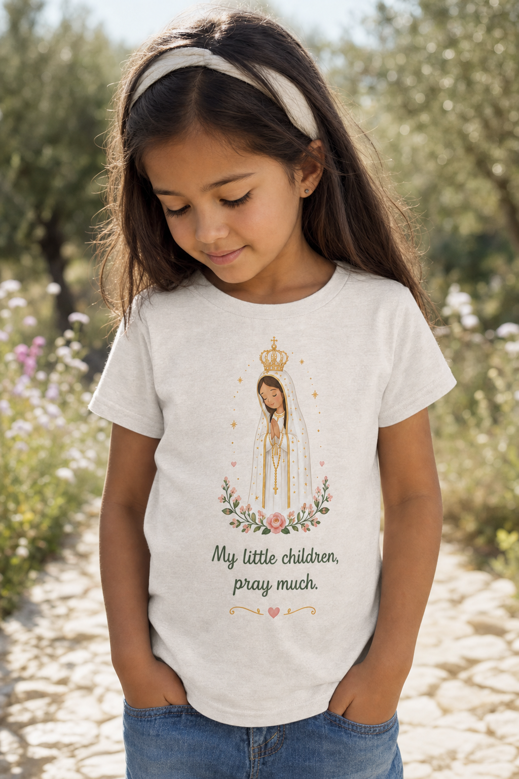 Girl wearing the Pray Much Fátima Girls T-shirt in a lifestyle setting — detail