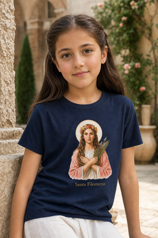 Girl wearing the Santa Filomena Girls T-shirt in a lifestyle setting — detail