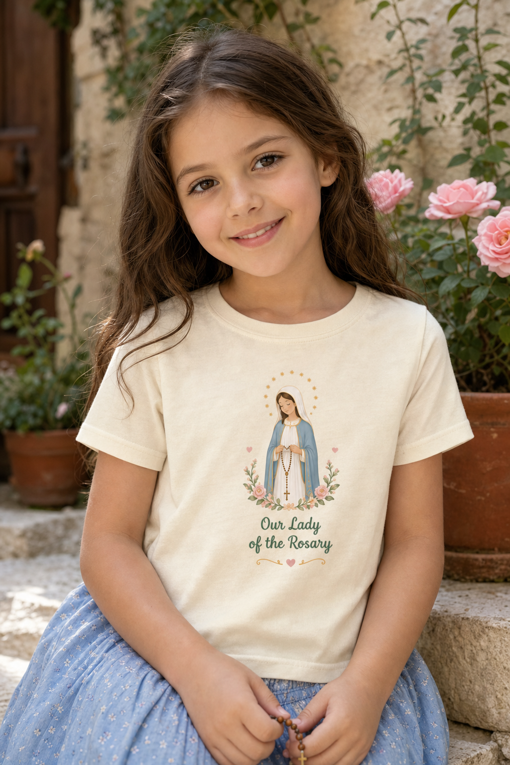 Girl wearing the Our Lady of the Rosary Girls T-shirt in a lifestyle setting — detail