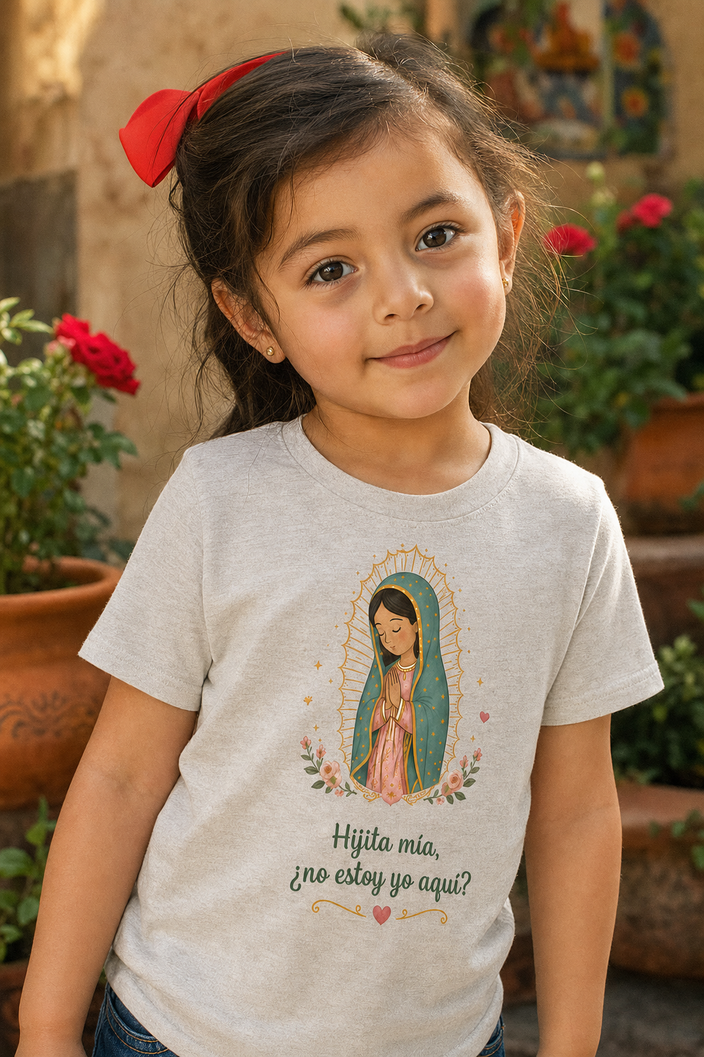 Girl wearing the Hijita Mía Guadalupe Girls T-shirt in a lifestyle setting — detail