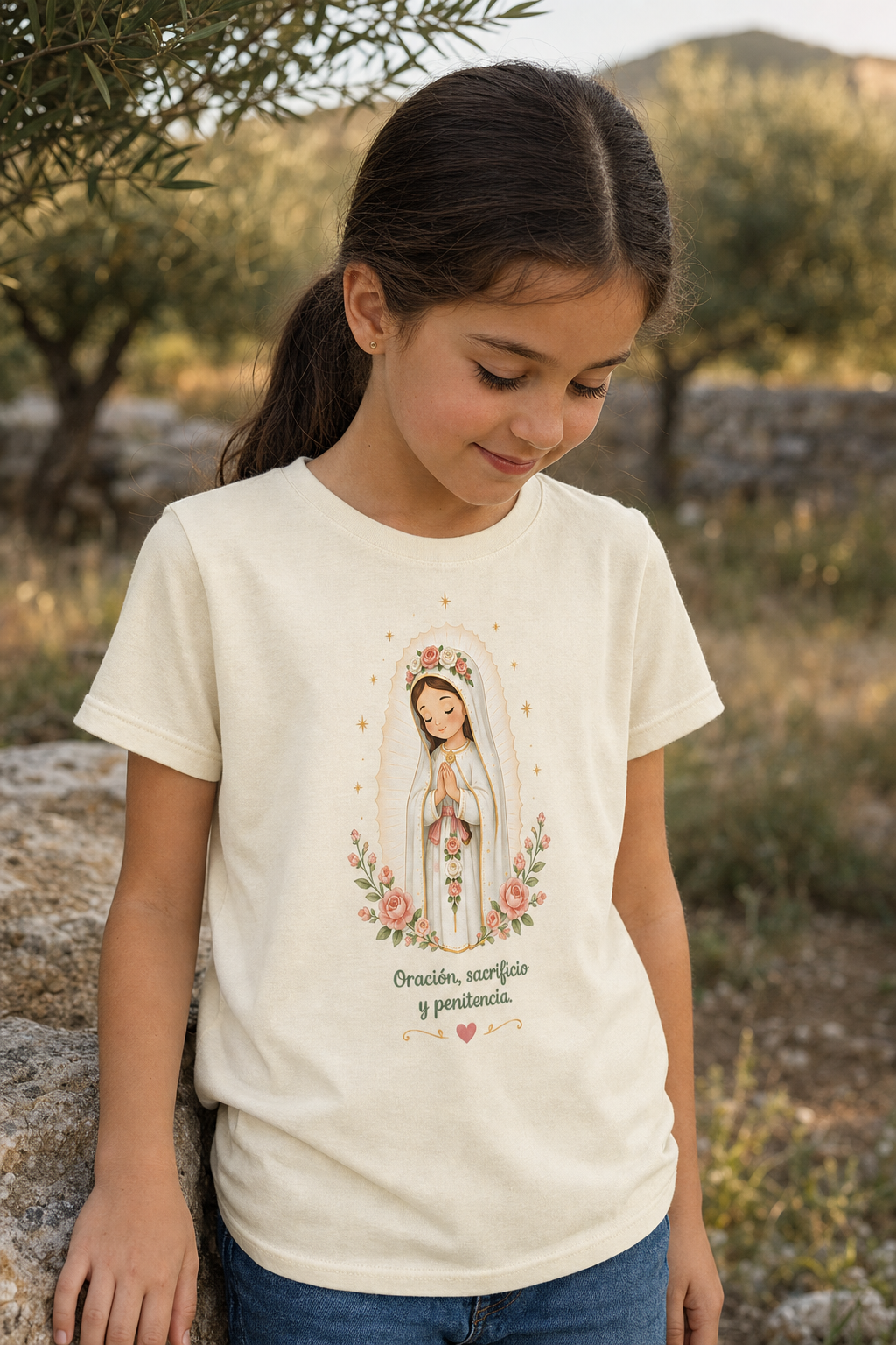 Girl wearing the Oración Sacrificio Penitencia Girls T-shirt in a lifestyle setting — detail