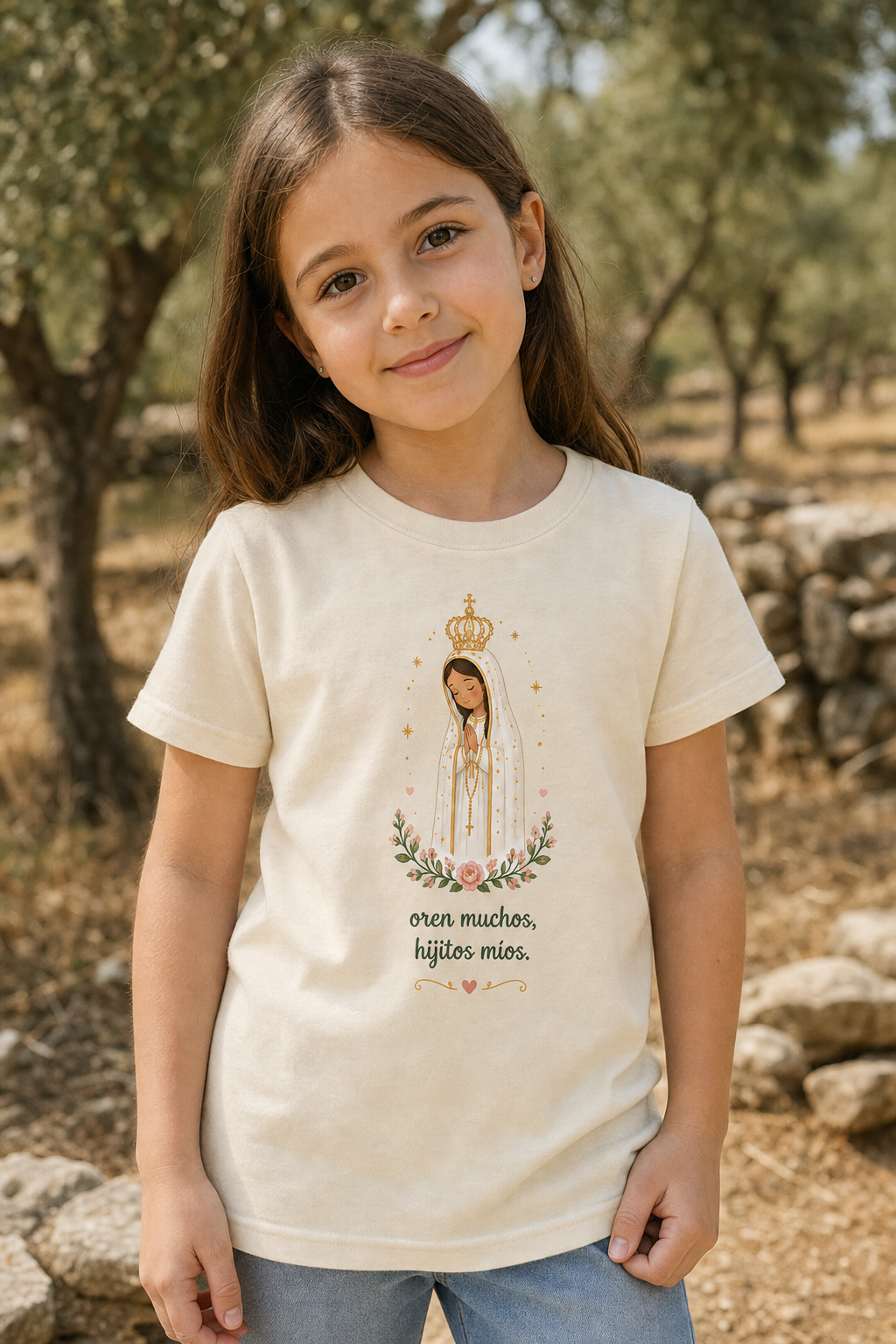 Girl wearing the Oren Muchos Fátima Girls T-shirt in a lifestyle setting — detail